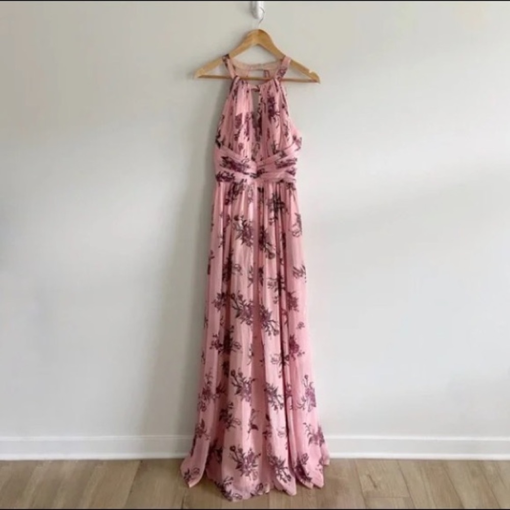 Marchesa Notte Carrara Floral Printed Halter Lurex Chiffon Bridesmaid Maxi Dress - Picture 4 of 7